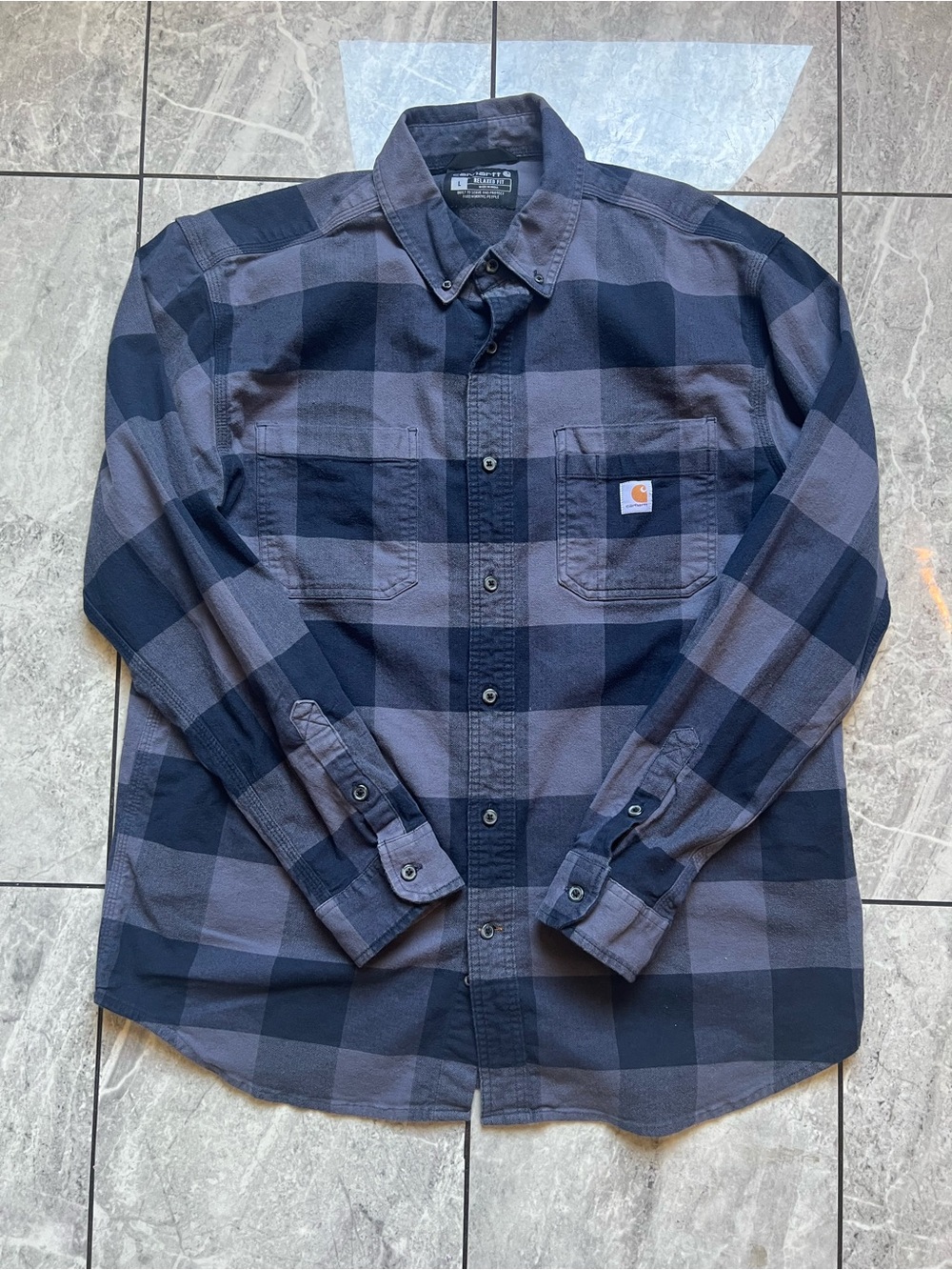 Carhartt Rugged Flex Relaxed Fit Flannel Shirt Men's Grey/Navy Plaid LS Logo L